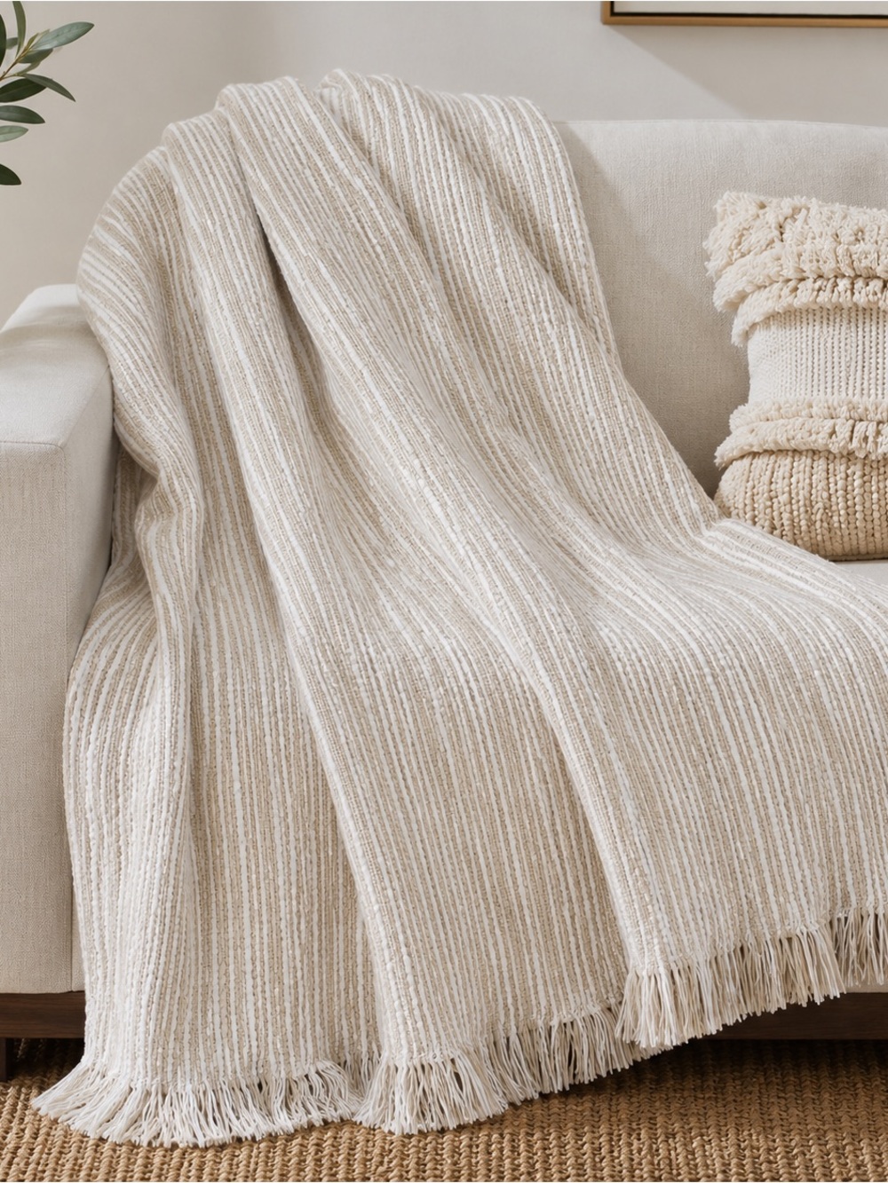 Crate & Barrel Fringe Throw Blanket Natural Striped Cotton 40” X 70” “Korman”